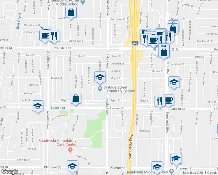 map of restaurants, bars, coffee shops, grocery stores, and more near 15758 Stare Street in Los Angeles
