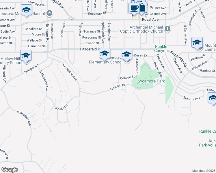 map of restaurants, bars, coffee shops, grocery stores, and more near 2339 Rudolph Drive in Simi Valley