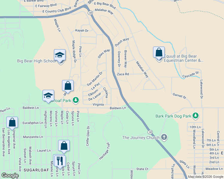 map of restaurants, bars, coffee shops, grocery stores, and more near 391 Montclair Drive in Big Bear