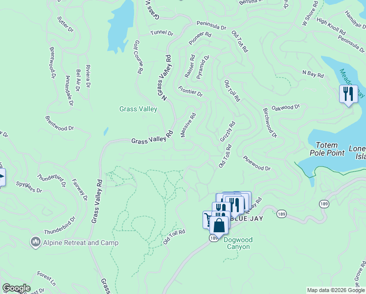 map of restaurants, bars, coffee shops, grocery stores, and more near 171 Golf Course Road in Lake Arrowhead
