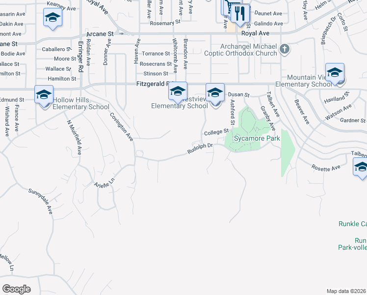 map of restaurants, bars, coffee shops, grocery stores, and more near 2361 Rudolph Drive in Simi Valley