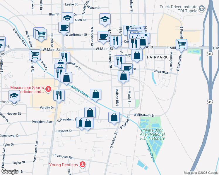 map of restaurants, bars, coffee shops, grocery stores, and more near 602 South Church Street in Tupelo