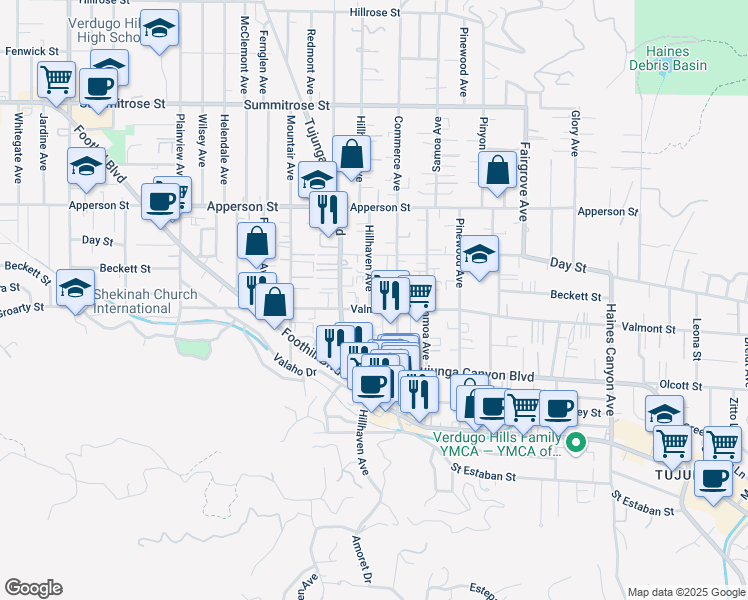 map of restaurants, bars, coffee shops, grocery stores, and more near 10106 Hillhaven Avenue in Los Angeles