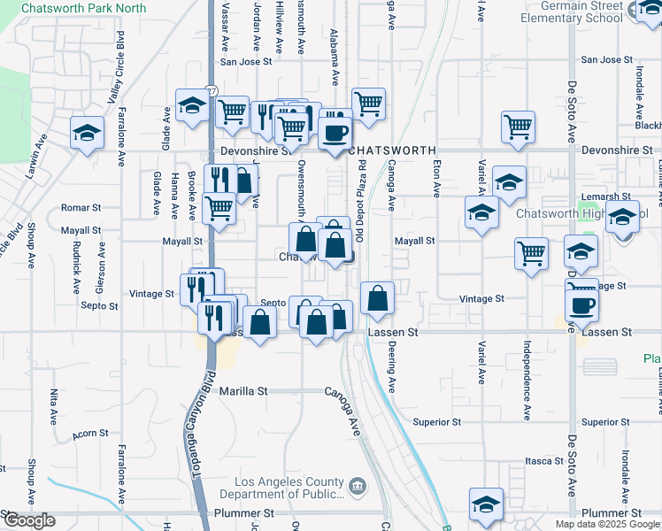 map of restaurants, bars, coffee shops, grocery stores, and more near 10020 North Remmet Avenue in Los Angeles