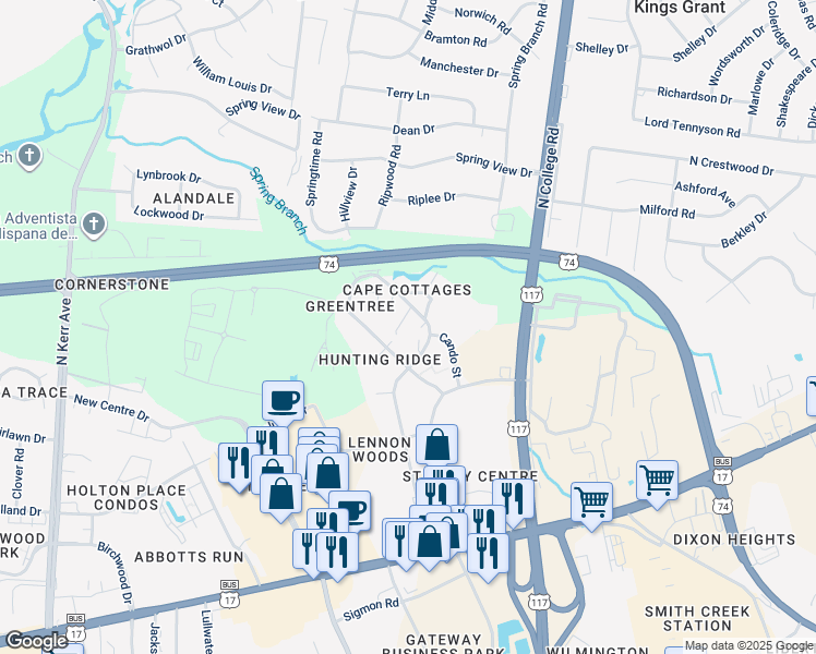 map of restaurants, bars, coffee shops, grocery stores, and more near 715 Clearwater Court in Wilmington