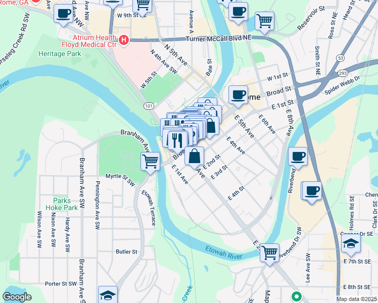 map of restaurants, bars, coffee shops, grocery stores, and more near 130 Broad Street in Rome