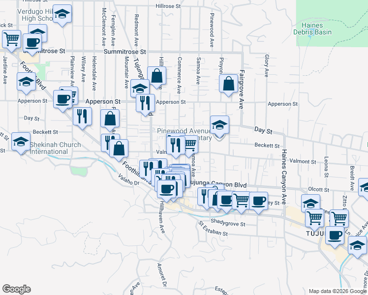 map of restaurants, bars, coffee shops, grocery stores, and more near 10110 Commerce Avenue in Los Angeles