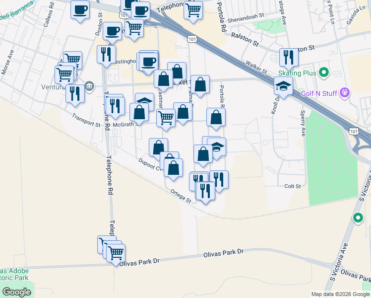 map of restaurants, bars, coffee shops, grocery stores, and more near 2261 Palma Drive in Ventura