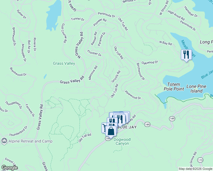 map of restaurants, bars, coffee shops, grocery stores, and more near 173 Grizzly Road in Lake Arrowhead