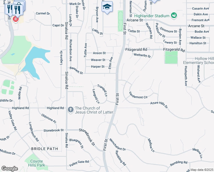 map of restaurants, bars, coffee shops, grocery stores, and more near 726 Tranquil Lane in Simi Valley