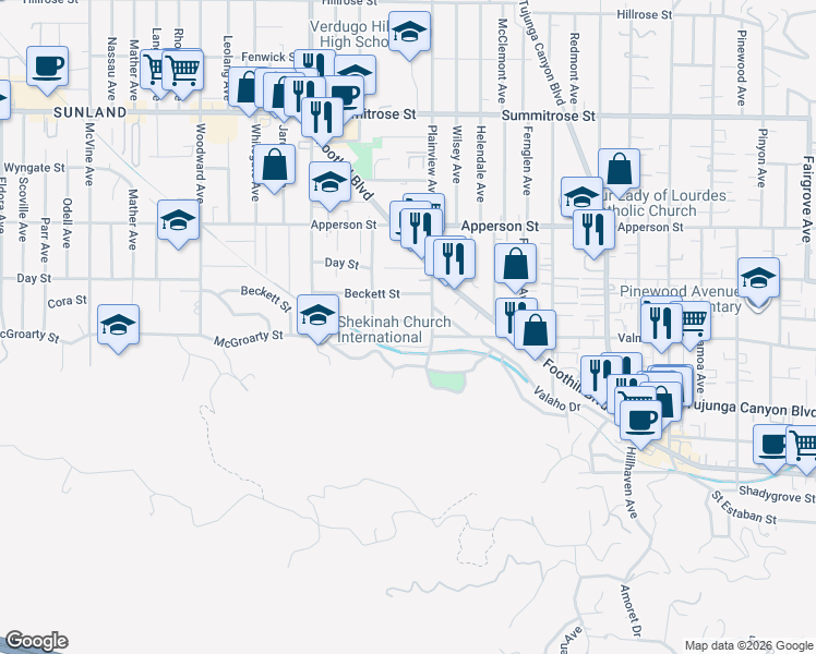 map of restaurants, bars, coffee shops, grocery stores, and more near 7624 Valmont Street in Los Angeles