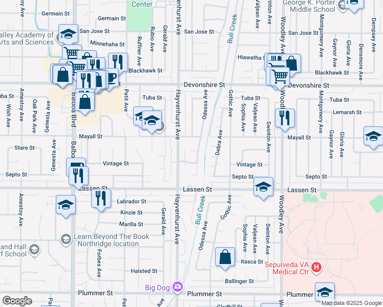 map of restaurants, bars, coffee shops, grocery stores, and more near 16524 Casey Street in Los Angeles