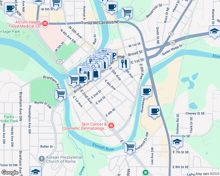 map of restaurants, bars, coffee shops, grocery stores, and more near 204 East 4th Avenue in Rome