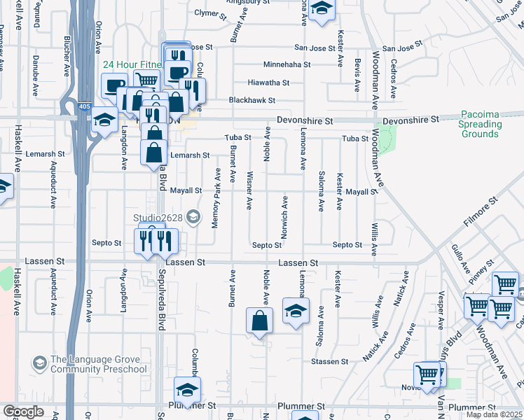 map of restaurants, bars, coffee shops, grocery stores, and more near 10029 Noble Avenue in Los Angeles