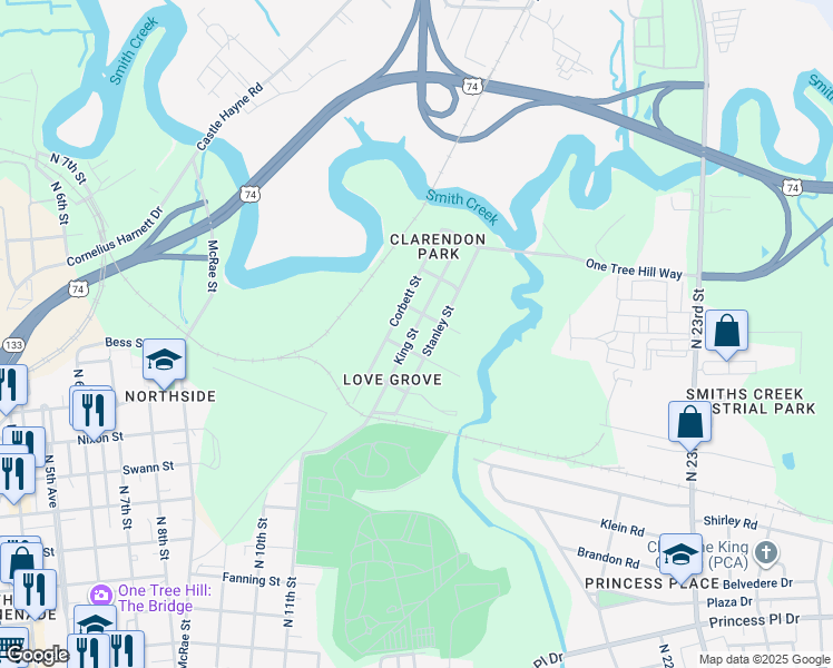 map of restaurants, bars, coffee shops, grocery stores, and more near 1408 King Street in Wilmington