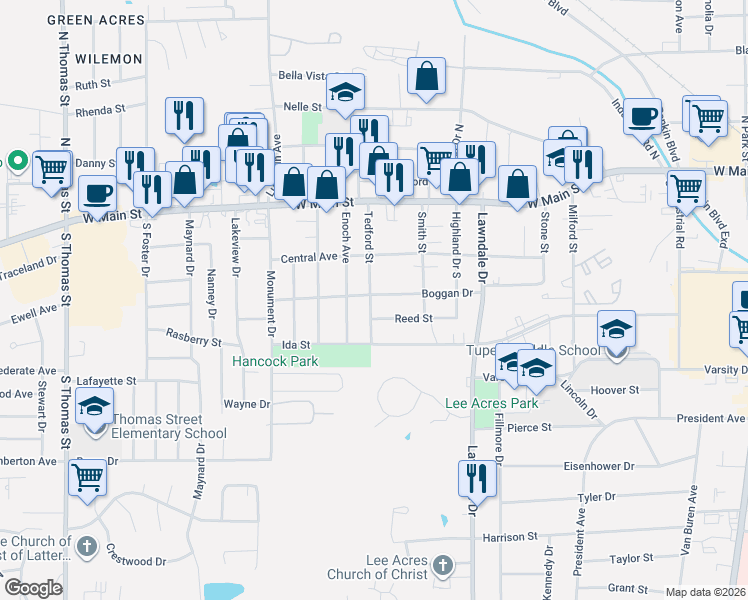 map of restaurants, bars, coffee shops, grocery stores, and more near 1519 Boggan Drive in Tupelo