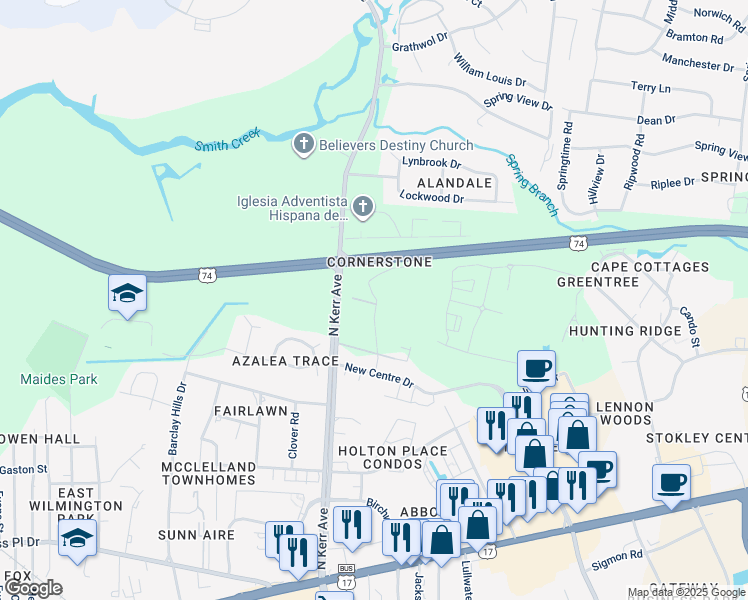 map of restaurants, bars, coffee shops, grocery stores, and more near 4519 Sagedale Drive in Wilmington