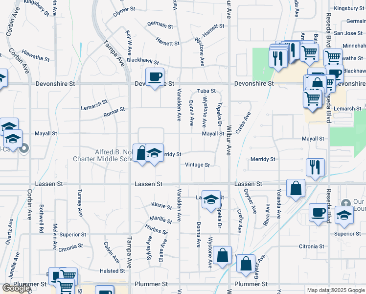 map of restaurants, bars, coffee shops, grocery stores, and more near 10037 Vanalden Avenue in Los Angeles