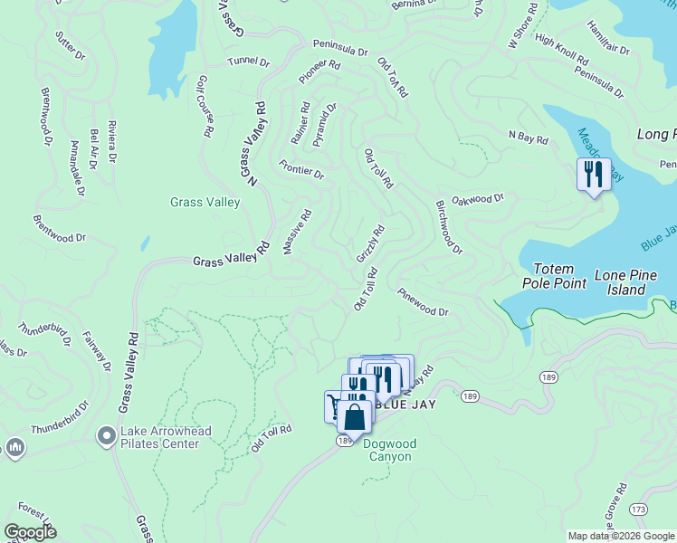 map of restaurants, bars, coffee shops, grocery stores, and more near 173 Grizzly Road in Lake Arrowhead