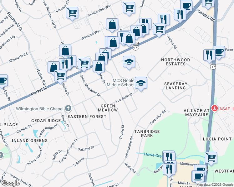 map of restaurants, bars, coffee shops, grocery stores, and more near 214 Spartan Road in Wilmington