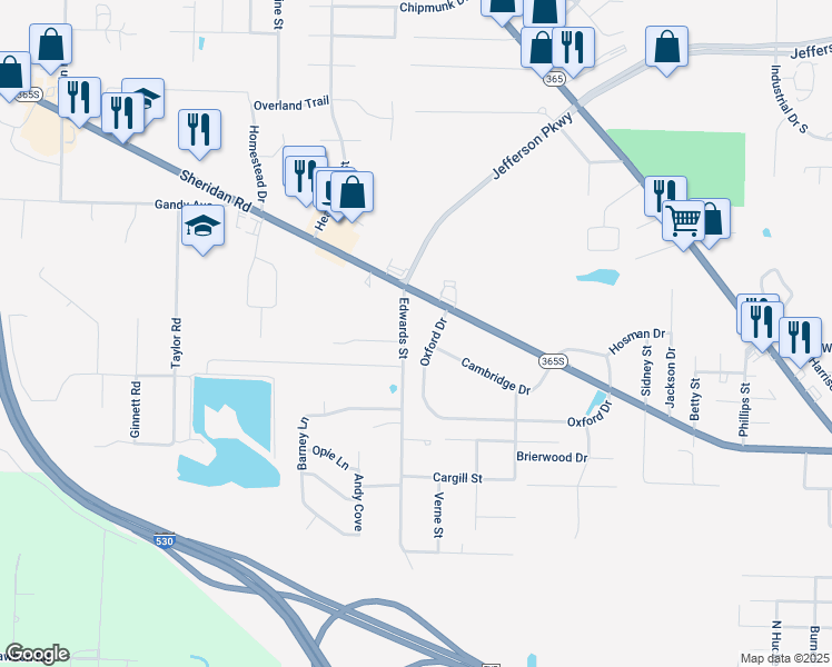 map of restaurants, bars, coffee shops, grocery stores, and more near 105 Edwards Street in Pine Bluff