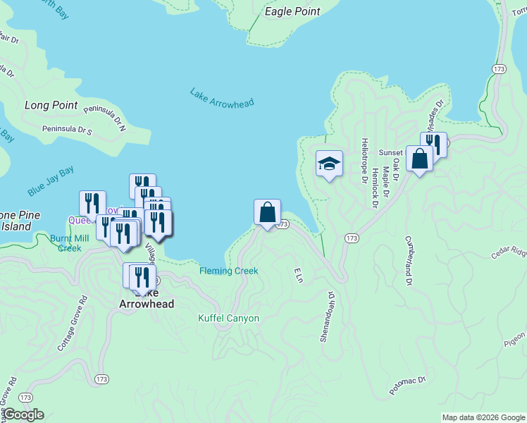 map of restaurants, bars, coffee shops, grocery stores, and more near 180 California 173 in Lake Arrowhead
