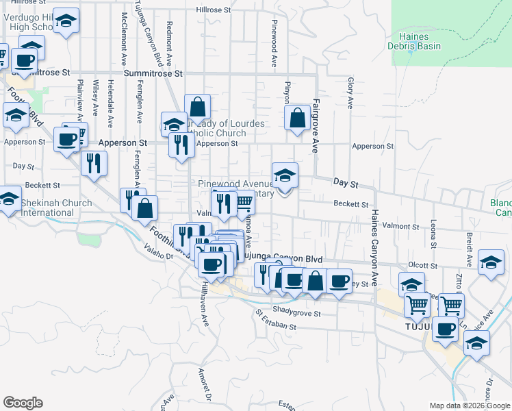 map of restaurants, bars, coffee shops, grocery stores, and more near 7133 Valmont Street in Los Angeles