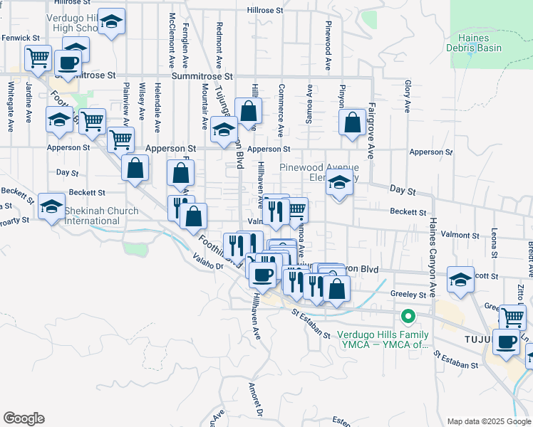 map of restaurants, bars, coffee shops, grocery stores, and more near 7245 Valmont Street in Los Angeles