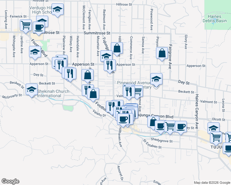 map of restaurants, bars, coffee shops, grocery stores, and more near 7307 Valmont Street in Los Angeles