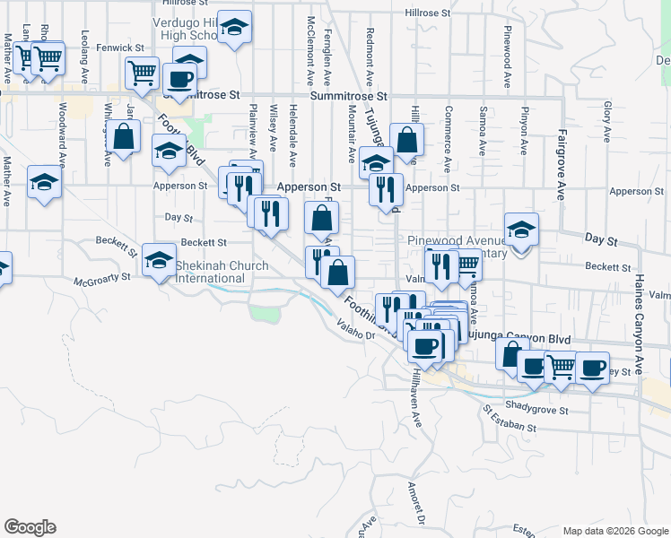 map of restaurants, bars, coffee shops, grocery stores, and more near 7451 Valmont Street in Los Angeles