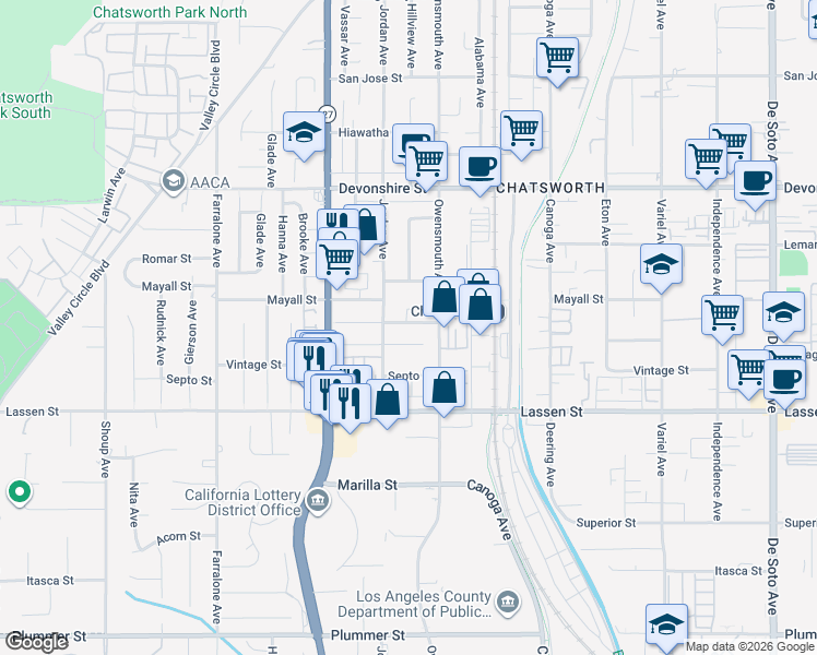 map of restaurants, bars, coffee shops, grocery stores, and more near 21751 Vintage Street in Los Angeles