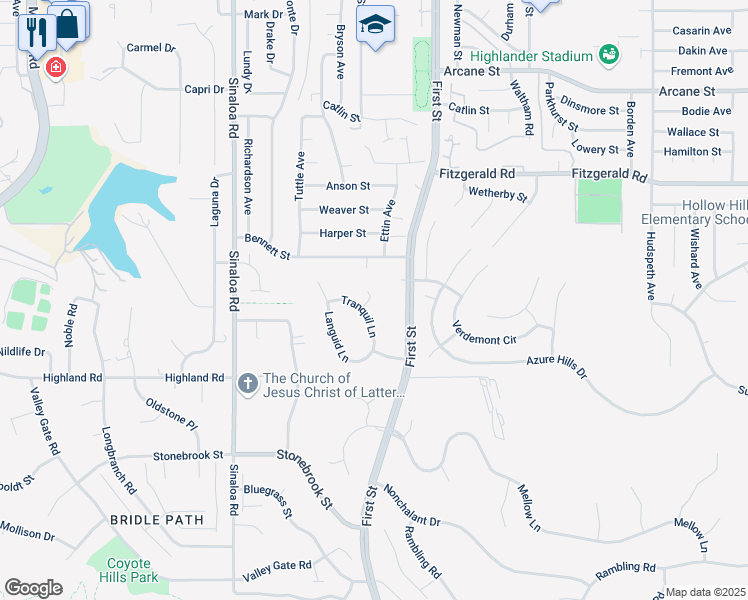 map of restaurants, bars, coffee shops, grocery stores, and more near 726 Tranquil Lane in Simi Valley