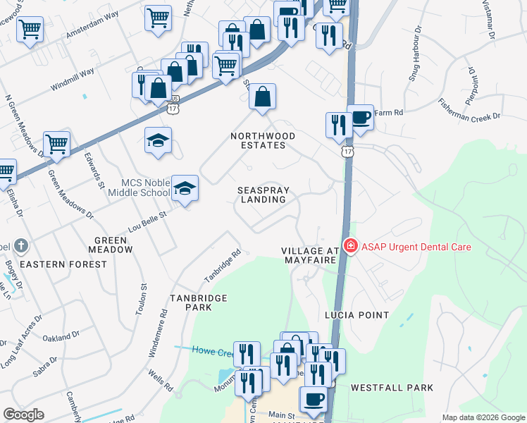 map of restaurants, bars, coffee shops, grocery stores, and more near 410 Painted Spindle Court in Wilmington
