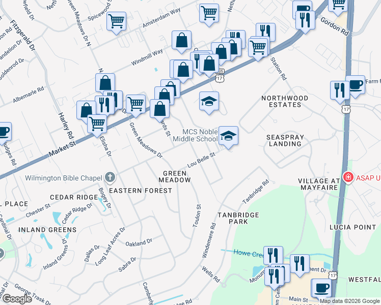 map of restaurants, bars, coffee shops, grocery stores, and more near 214 Spartan Road in Wilmington