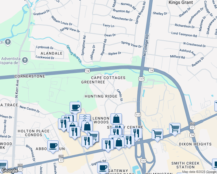 map of restaurants, bars, coffee shops, grocery stores, and more near 715 Clearwater Court in Wilmington