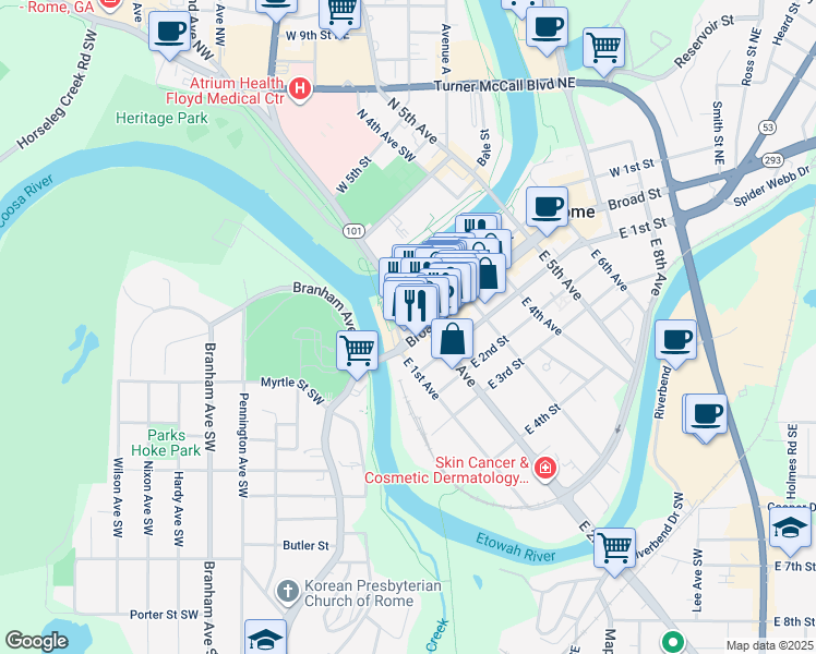 map of restaurants, bars, coffee shops, grocery stores, and more near 130 Broad Street in Rome