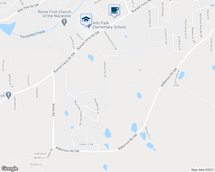 map of restaurants, bars, coffee shops, grocery stores, and more near 350a Leafmore Road Southwest in Rome