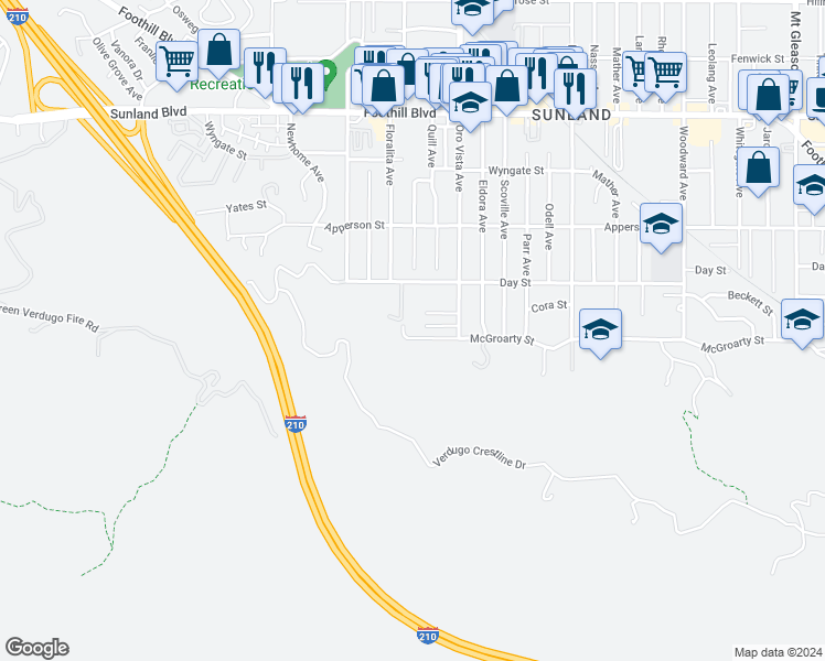 map of restaurants, bars, coffee shops, grocery stores, and more near 8455 McGroarty Street in Los Angeles
