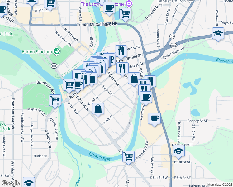 map of restaurants, bars, coffee shops, grocery stores, and more near 305 East 4th Avenue in Rome