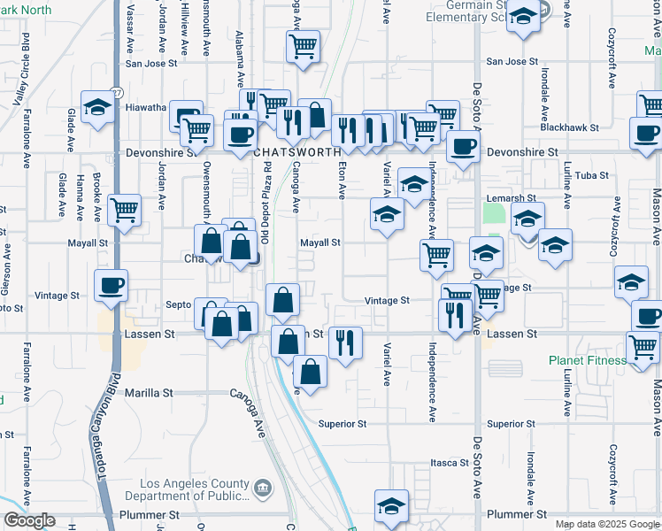 map of restaurants, bars, coffee shops, grocery stores, and more near 21308 Mayall Street in Los Angeles