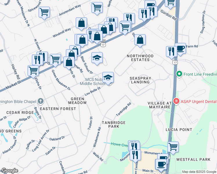map of restaurants, bars, coffee shops, grocery stores, and more near 6520 Market Street in Wilmington