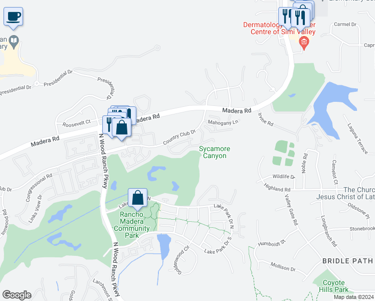 map of restaurants, bars, coffee shops, grocery stores, and more near 310 Country Club Drive in Simi Valley