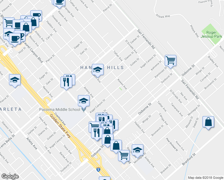 map of restaurants, bars, coffee shops, grocery stores, and more near 13147 Kagel Canyon Street in Los Angeles