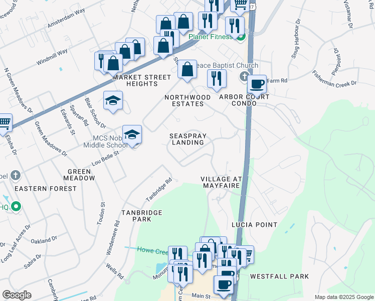 map of restaurants, bars, coffee shops, grocery stores, and more near 410 Painted Spindle Court in Wilmington