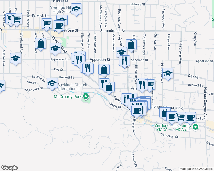 map of restaurants, bars, coffee shops, grocery stores, and more near 10108 Fernglen Avenue in Los Angeles