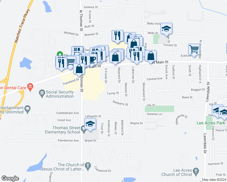 map of restaurants, bars, coffee shops, grocery stores, and more near 2306 Torrey Street in Tupelo