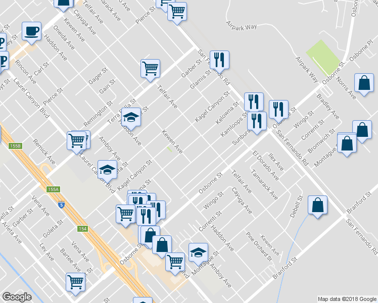 map of restaurants, bars, coffee shops, grocery stores, and more near 13046 Kelowna Street in Los Angeles