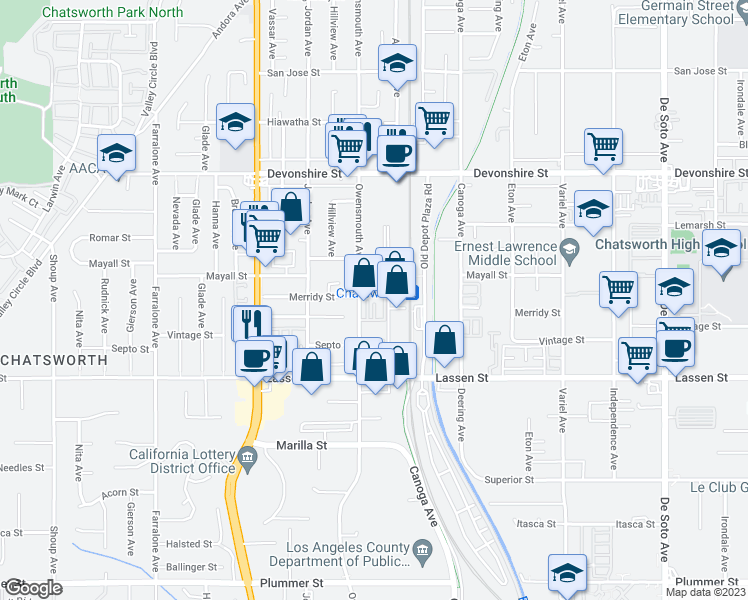 map of restaurants, bars, coffee shops, grocery stores, and more near 10020 North Remmet Avenue in Los Angeles