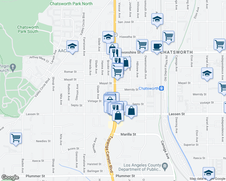 map of restaurants, bars, coffee shops, grocery stores, and more near 10041 California 27 in Los Angeles