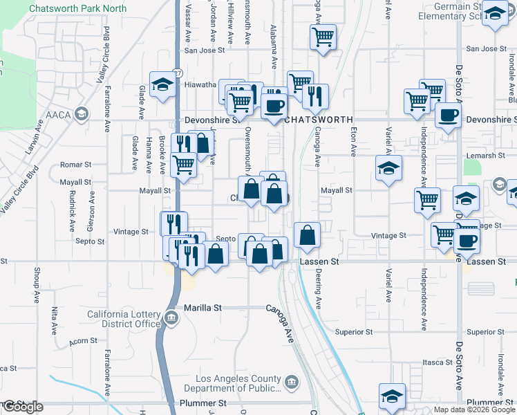 map of restaurants, bars, coffee shops, grocery stores, and more near 10030 Owensmouth Avenue in Los Angeles